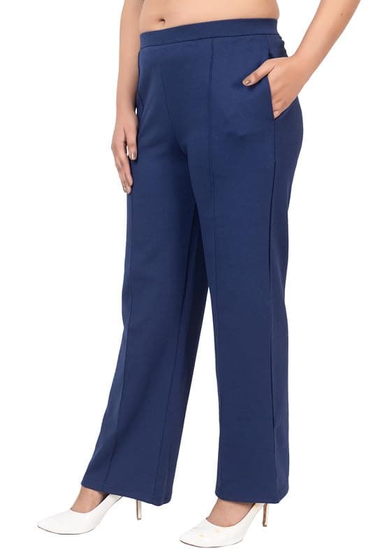 Mlada Mid Waist Wide Leg Flared Trouser Elastic Waist Band for Women Office Work Formal Wear Stretch Cotton Knit Flare Pants Utility Pockets Extra Flare Pants Trousers for Travel Navy
