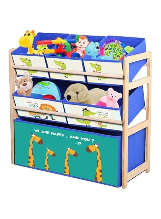 3-Layer Solid Wood Toy Storage Cabinet with Bookshelf,for Kids' Playroom Essentials,with 6 Detachable Storage Bins Extra Large Capacity for Playroom, Nursery and Kids Room (Giraffe)