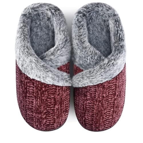 Homitem Fuzzy Slippers for Women Indoor and Outdoor Fluffy Bedroom House Shoes with Arch Support Memory Foam Winter Warm Ladeis Cute Comfy Cozy Wine Size 9-10