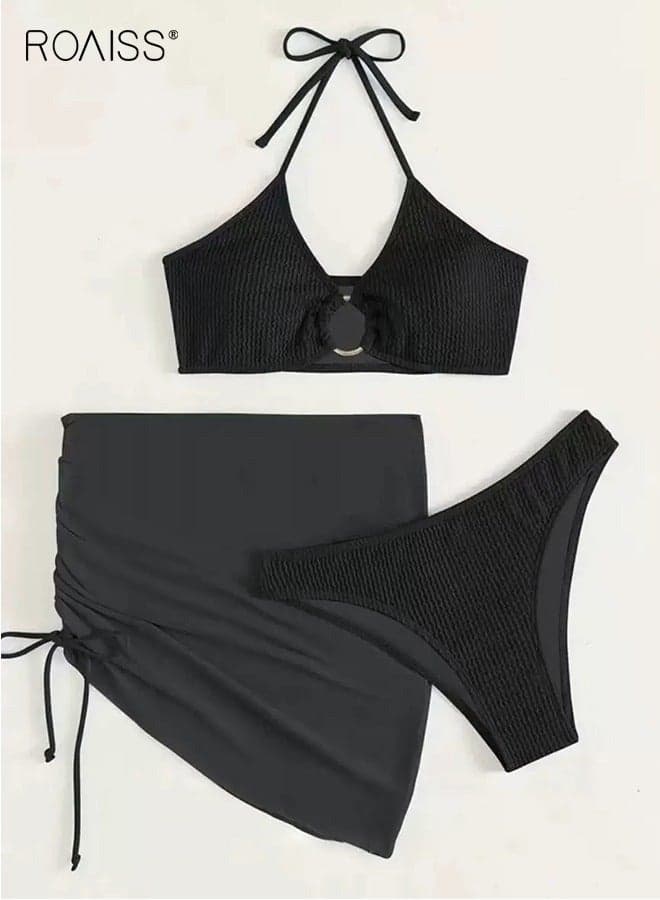 3 Pack Bikini Sets Halter Beachwear Ladies Tankini Swimsuit Hollow out Beach Skirt Push Up Textured Ring Linked for Swimwear Solid White Simple and Elegant Elastic Holiday Swimsuit Black