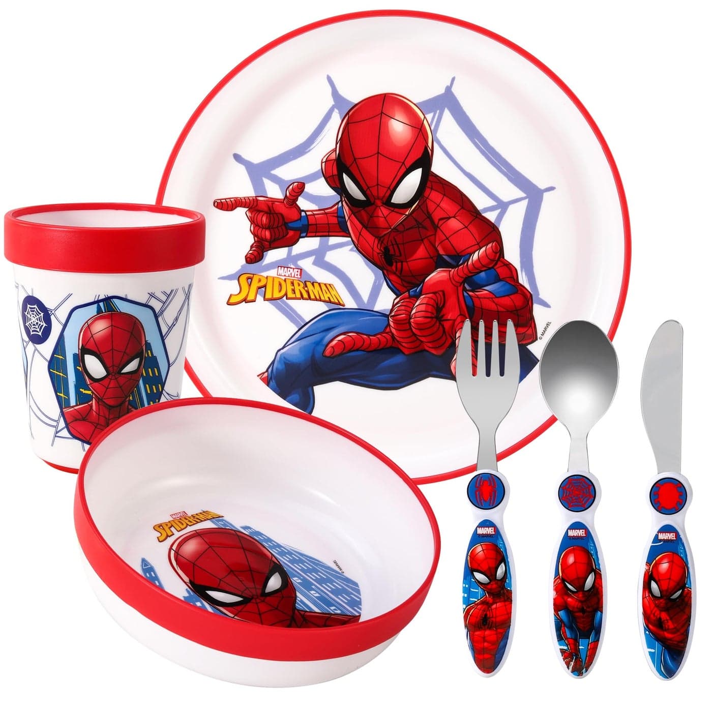 Spiderman Kids 6 Piece Reusable Dinner Set PlateBowlCupKnifeForkSpoon Childrens Dinnerware Tableware Cutlery Set