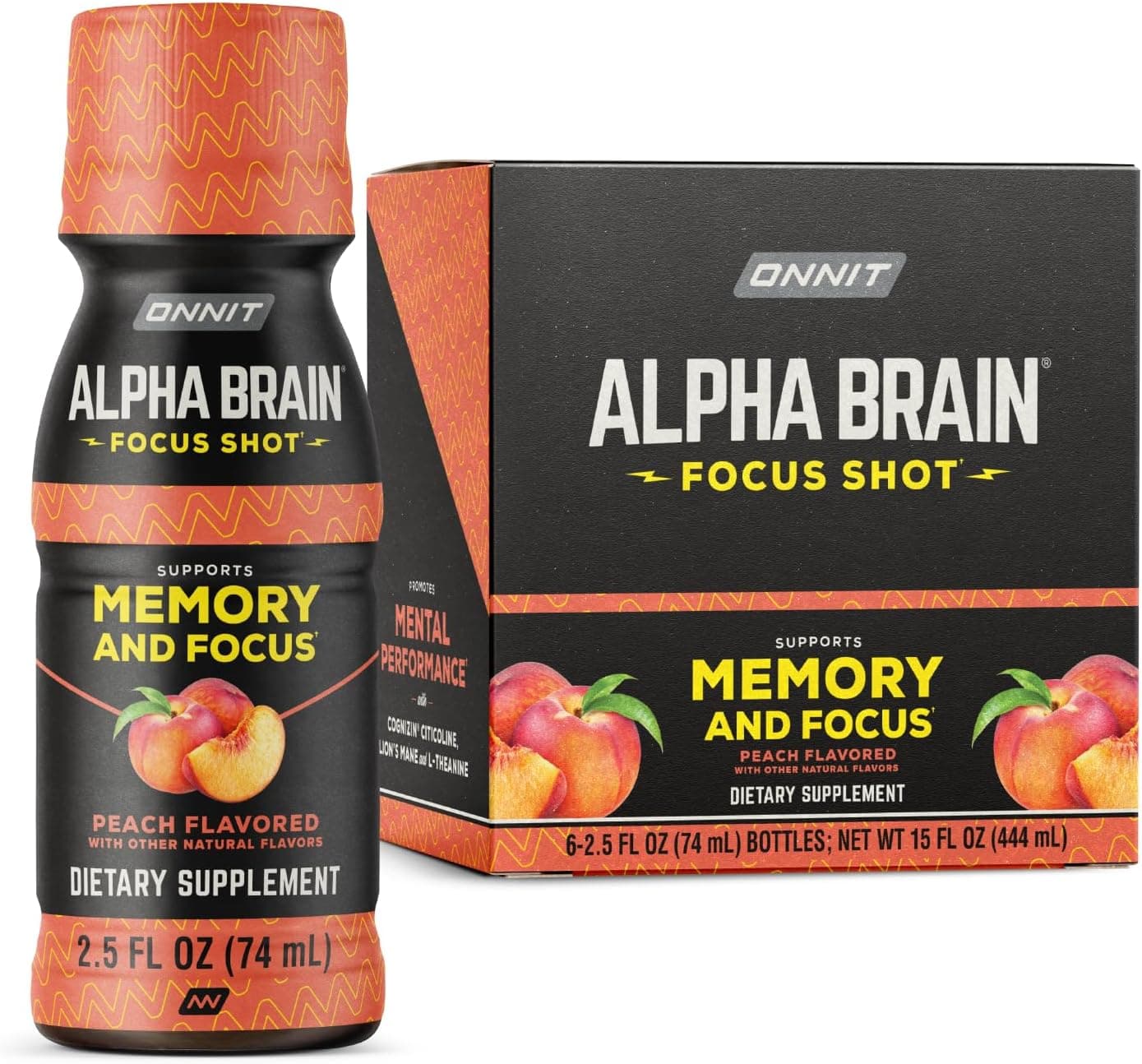 ONNIT Alpha Brain Focus Shot Peach Flavor Nootropic Dietary Supplement Drink That Supports Energy Focus and Mood 25 fl oz 6 Count