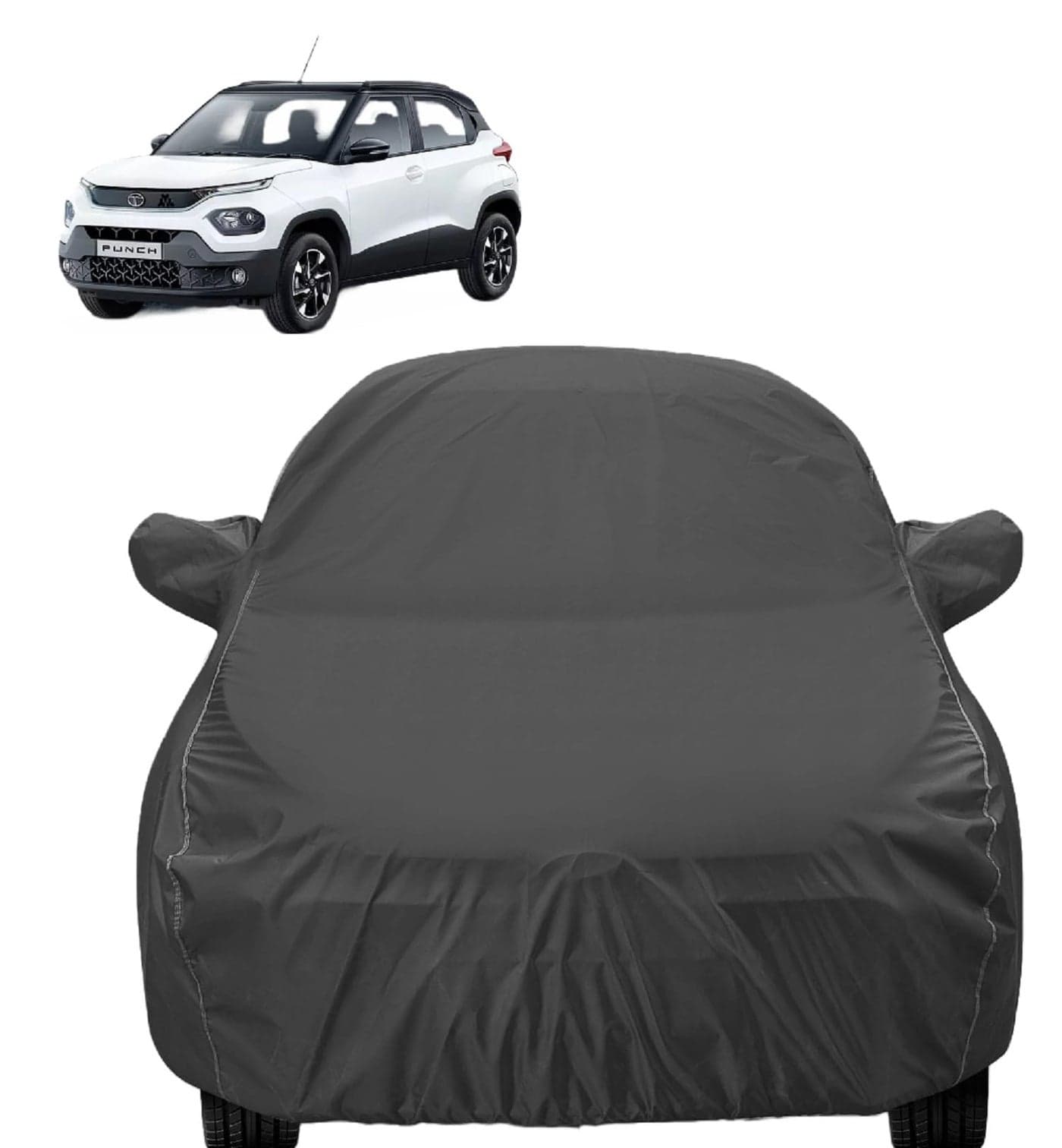 Auto Hub Car Cover Compatible with Tata Punch with Mirror Pocket, Dustproof, Heat Resistant, Triple Stitched, Punch Car Cover- Grey