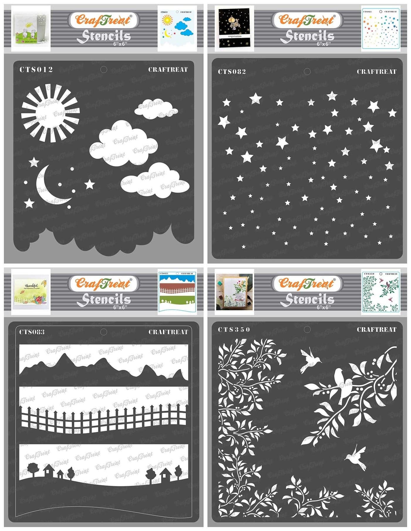 CrafTreat Nature Stencils for Painting on Canvas - Clouds and Stars and Starry Sky and Landscapes and Leaves and Branch (4Pcs) - Size: 6X6 Inches (2 Pcs)- Cloud Stencils for Craft and Art