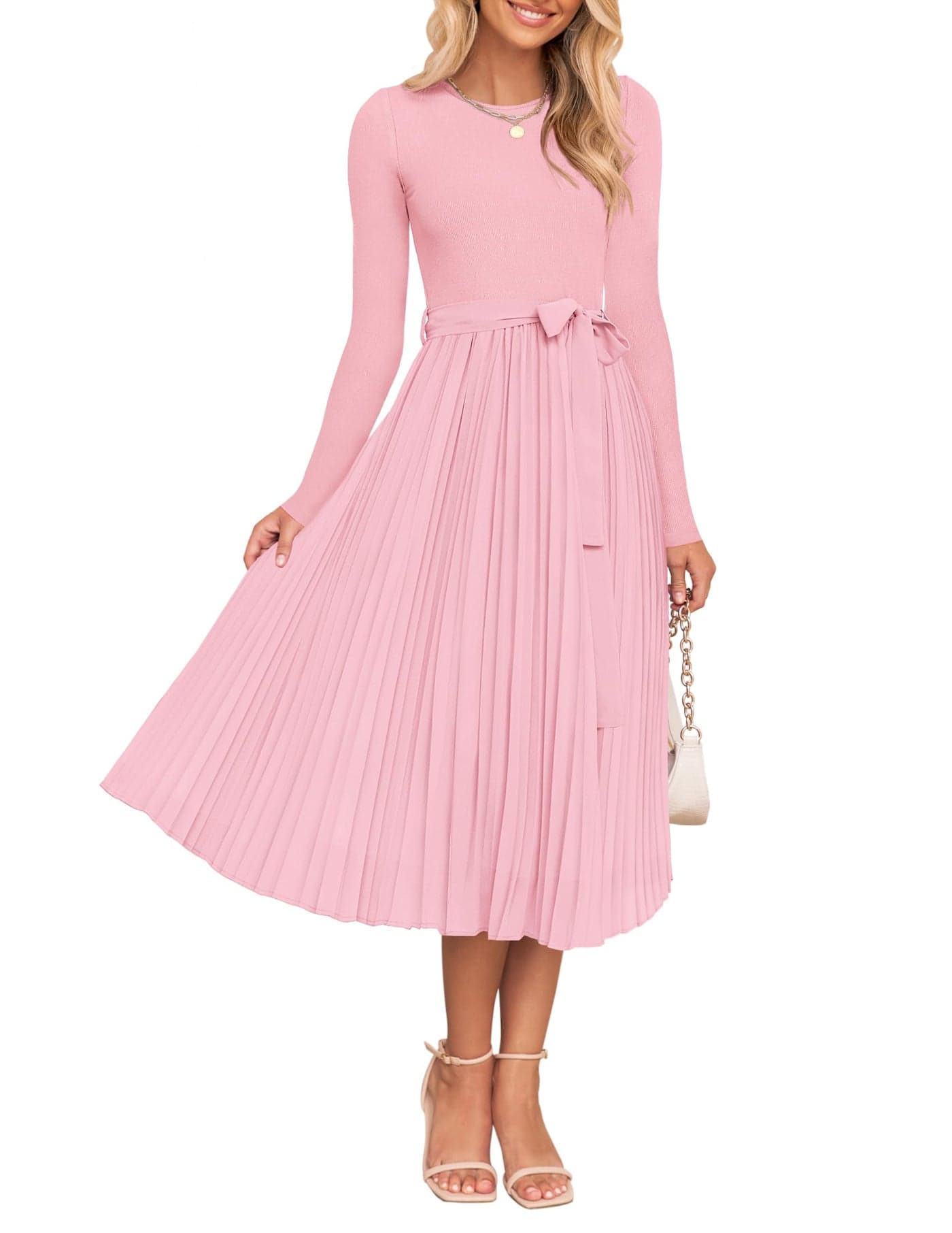 ZESICA Womens Fall Long Sleeve Midi Dress 2025 Casual Crewneck Knit Belted Pleated A Line Flowy Party Dresses Light Pink Large