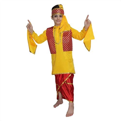 Kaku Fancy Dresses Indian State Punjabi Folk Dance Costume For Kids/Bhangda Gidda Dance Costume For Boys - Yellow & Red, 10-12 Years
