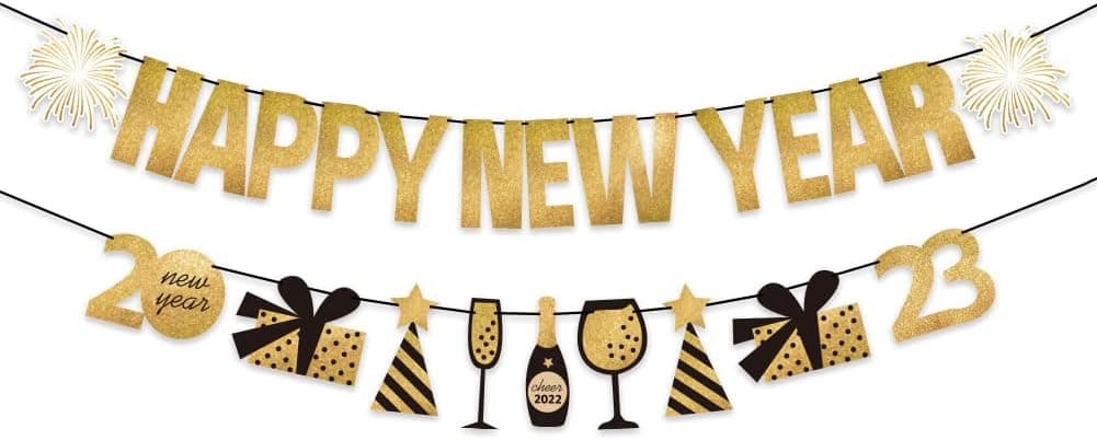 Happy New Year Banner 2023 New Years Eve Party DecorationGolden Firework Theme Happy New Year Banner Bunting Sign for 2023 New Years Party Supplies