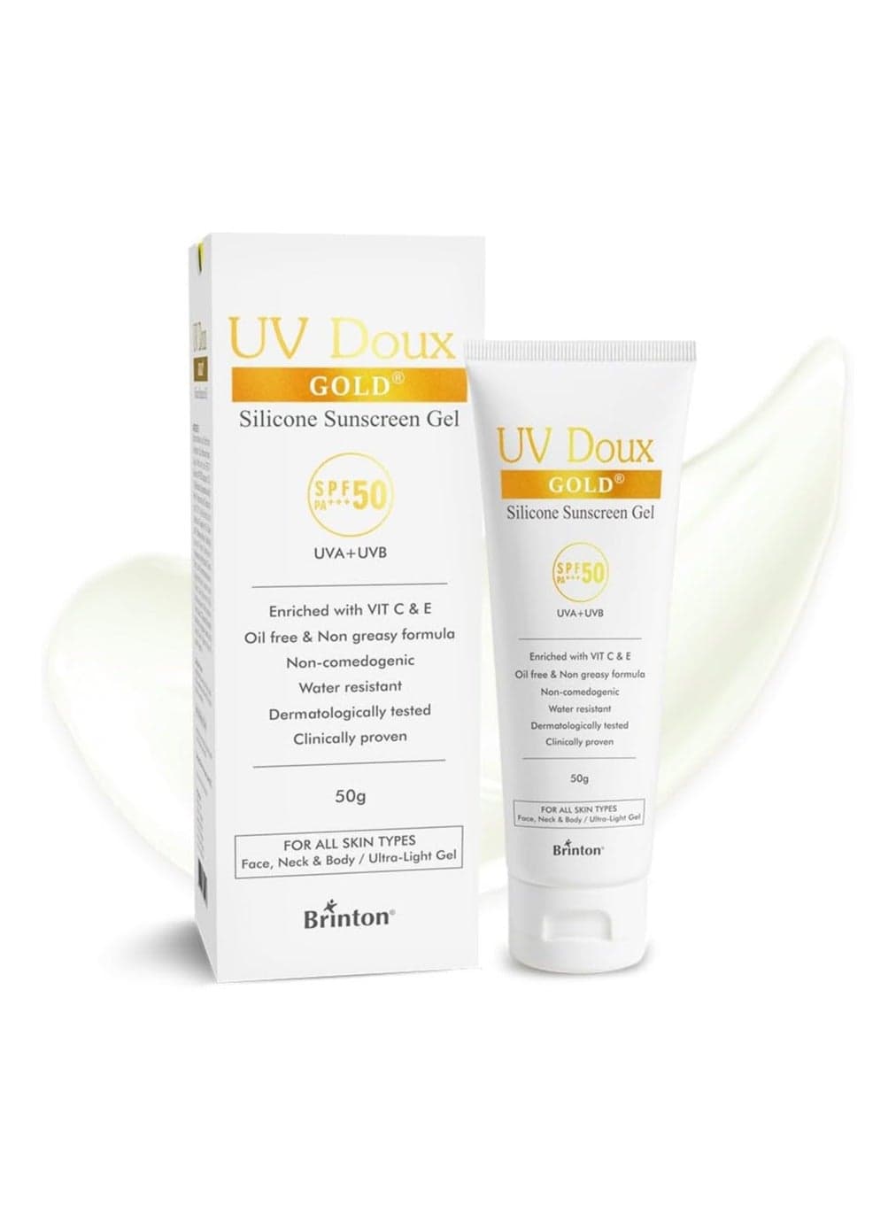 UV Doux Gold Silicone Sunscreen Gel SPF 50 PA+++ | Enriched with Vitamin C & E | UVA/UVB With Broad Spectrum Protection | Anti-Aging & Anti-Oxidant rich Water Resistant Ultra Light Gel for Hyperpigmentation | Benzene Free | 50 g