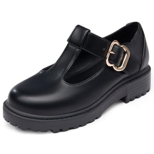 Coutgo Girls Mary Jane Dress Shoes Platform Loafers School Uniform Chunky Heel Closed Toe T-Strap Flats Cool Black