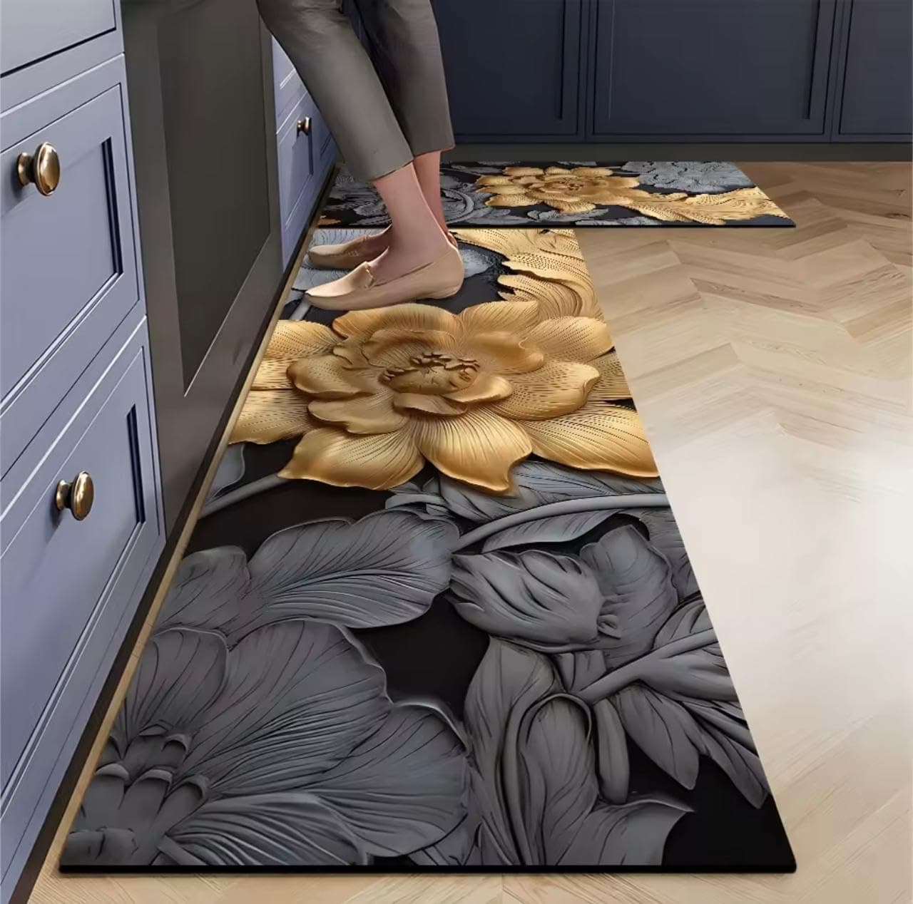 Clefairy Floral Kitchen Rugs Mats for Floor Bohemian Vintage Flower Kitchen Rug Anti Fatigue Non Slip Cushioned Comfort Standing Mat