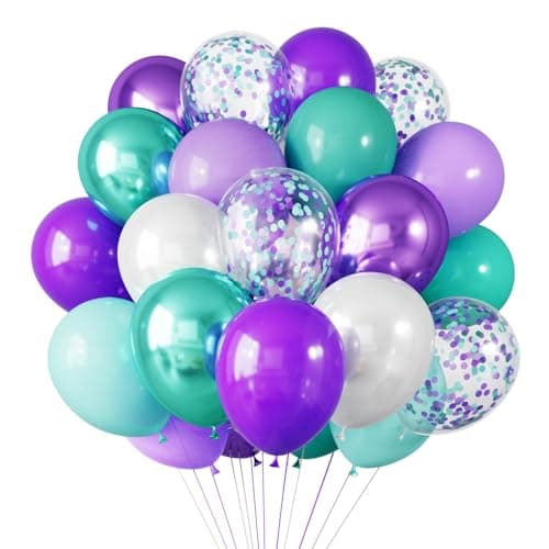 RUBFAC 65Pcs Mermaid Balloon Garland Kit 12Inch Metallic Purple Green Balloons Purple Teal Blue Confetti Latex Balloons for Mermaid Birthday Party Decorations