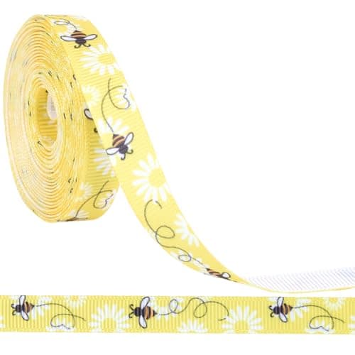 CABODYALS 10 Yards 38 Inch Yellow Bee Ribbon White Polyester Bees Pattern Print Ribbon Spring Printed Grosgrain Fabric Ribbons Thin Bulk Roll for Sewing Making Crafts Wreaths Home Party Decor Supply