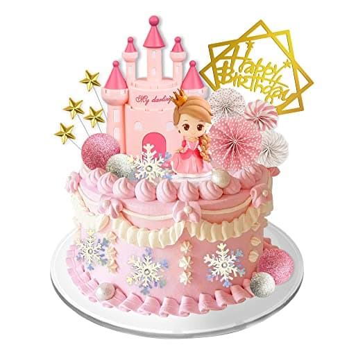 19 PCS Princess Cake Topper Castle Cake Decoration with Snowflake and Stars for Princess Birthday Supplies Pink