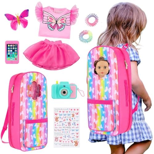 UNICORN ELEMENT 9 Items 18 inch Dolls Bag Set and Accessories Doll Carrier Including 18 Inch Doll Clothes Camera Sunglasses Backpack and Sticker