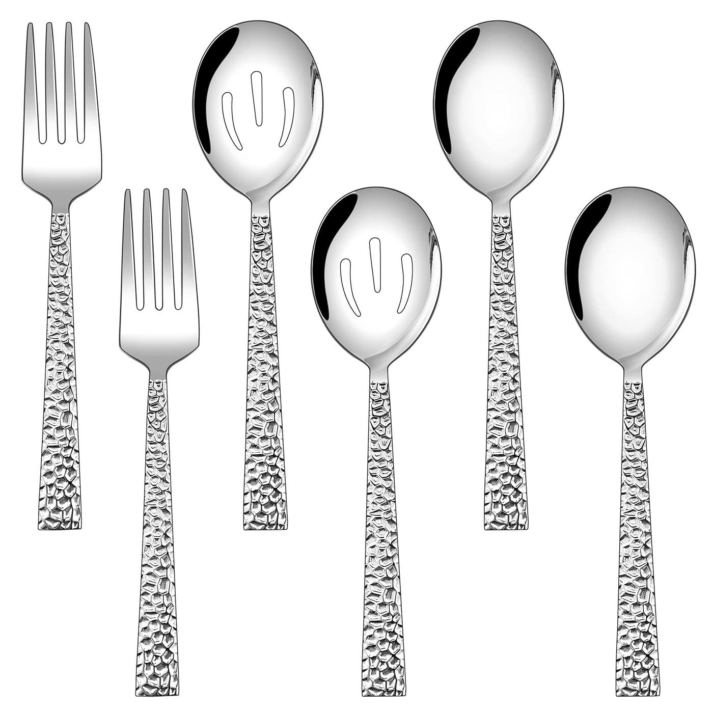 Efar Hammered Serving Utensils Set of 6 Stainless Steel 87 Inch Square Hostess Serving Set Metal Serving Spoon Slotted Spoons Forks for Party Buffet Catering Mirror Finished Dishwasher Safe