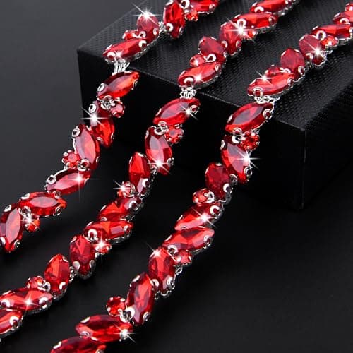 1 Yard Rhinestone Chain 10MM Bling Rhinestone Trim Leaf Shape Crystal Chain for Wedding Bouquet Bridal Costume Embellishment Party Decor DIY CraftRed