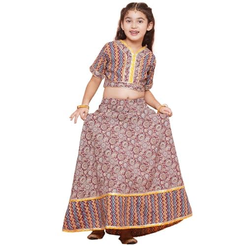 AJ DEZINES Kids Ethnic Wear Cotton Zigzag Printed MAROON Ghagra Readymade Lehenga Choli Set For Girls (G-LH06-MAROON-22), 3 -4 Years