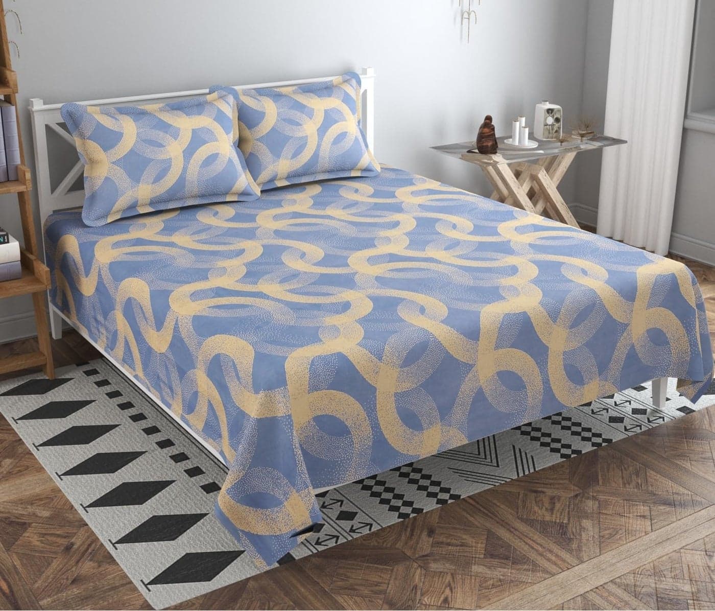 VAS COLLECTIONS Premium 3D Printed 160 TC Microfiber Double Bedsheet with 2 King Size Pillow Covers (90X90 Inches) Blue & Beige