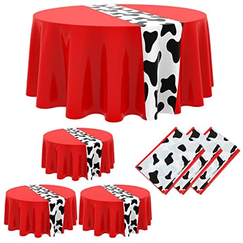 Moukeren 3 Pcs Cow Tablecloth for Party Round Cow Table Cover Print Runner Plastic Tablecloth Birthday Party Decorations for Home Dinner Picnic 84 Inch Red