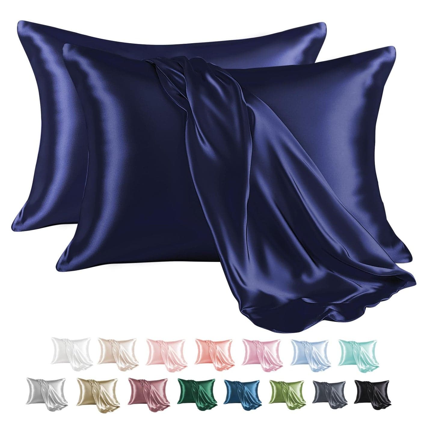 MRHM Satin Pillowcase for Hair and Skin Silk Satin Pillowcase 2 Pack Standard Size Pillow Cases Set of 2 Silky Pillow Cover with Envelope Closure 20x26 Navy Blue