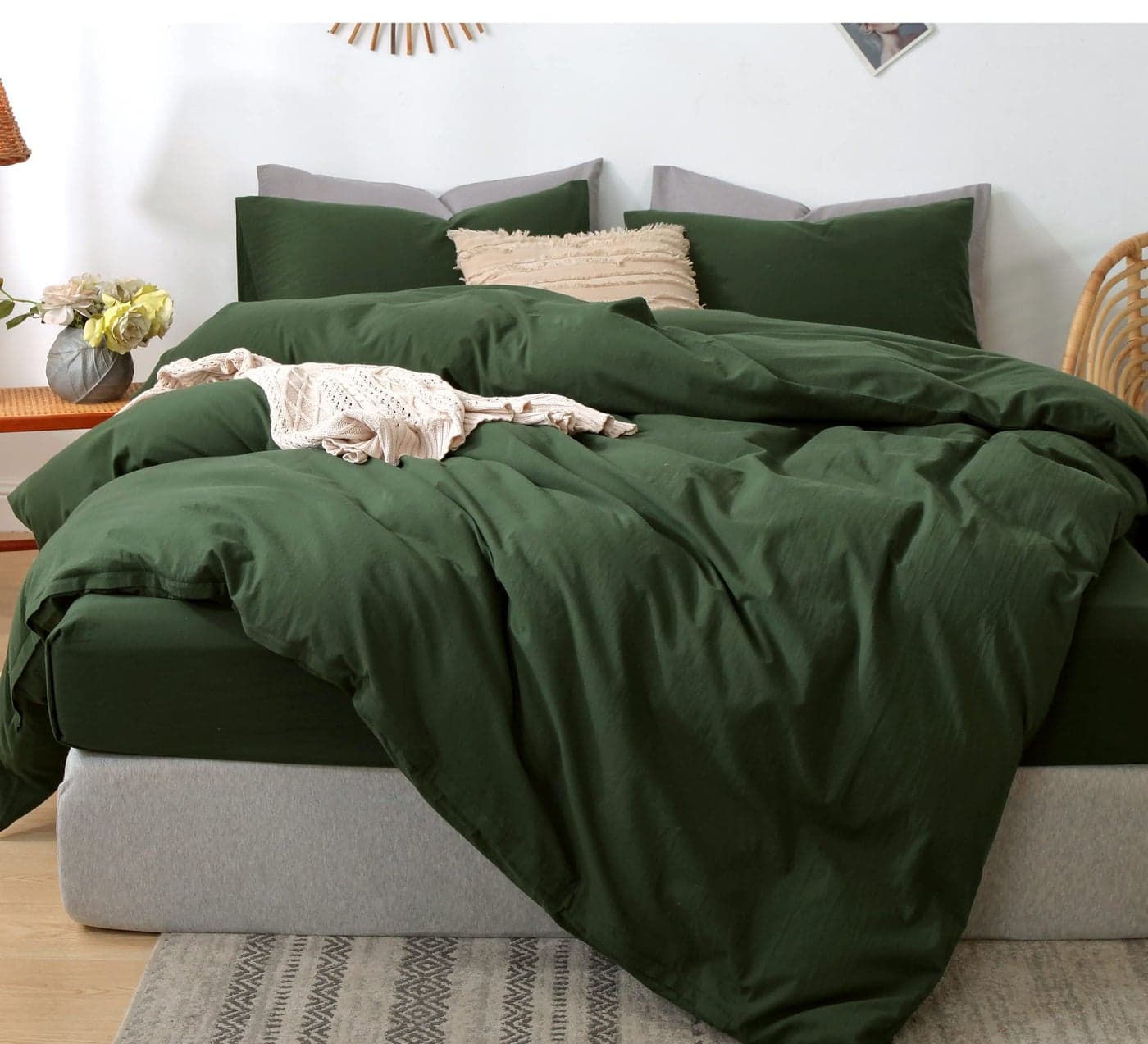 MooMee Bedding Duvet Cover Set 100 Washed Cotton Linen Like Textured Breathable Durable Soft Comfy Solid Forest Green Full 80x90