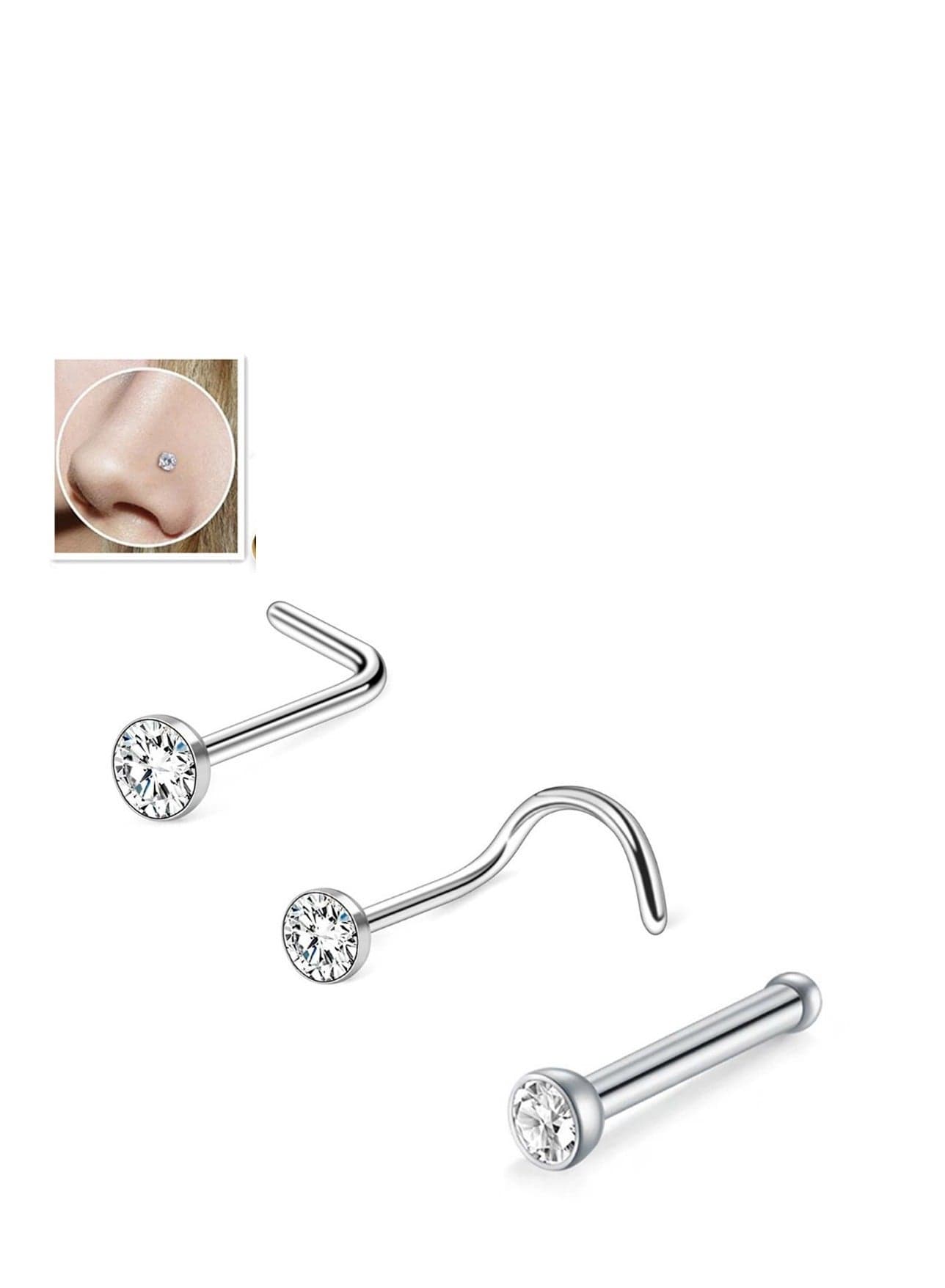 3pcs Sterling Silver Single Crystal Nose Stud