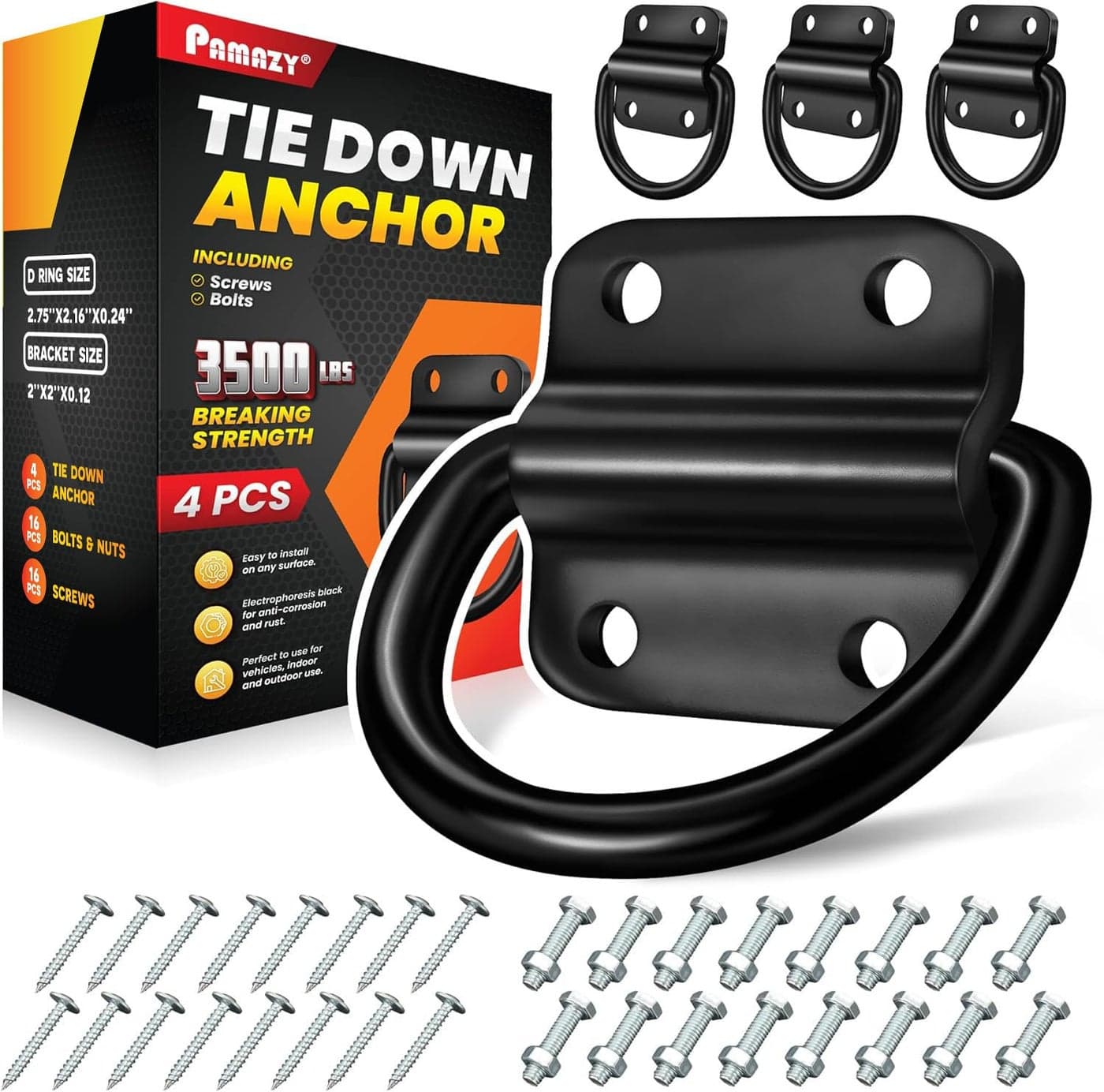 PAMAZY 4PCS Heavy Duty Steel D Rings Tie Down Anchors Ultra Durable 3500 Pound Breaking Strength Surface Mount Hooks Securing Cargo for Trailer Truck Bed with Screws Bolts
