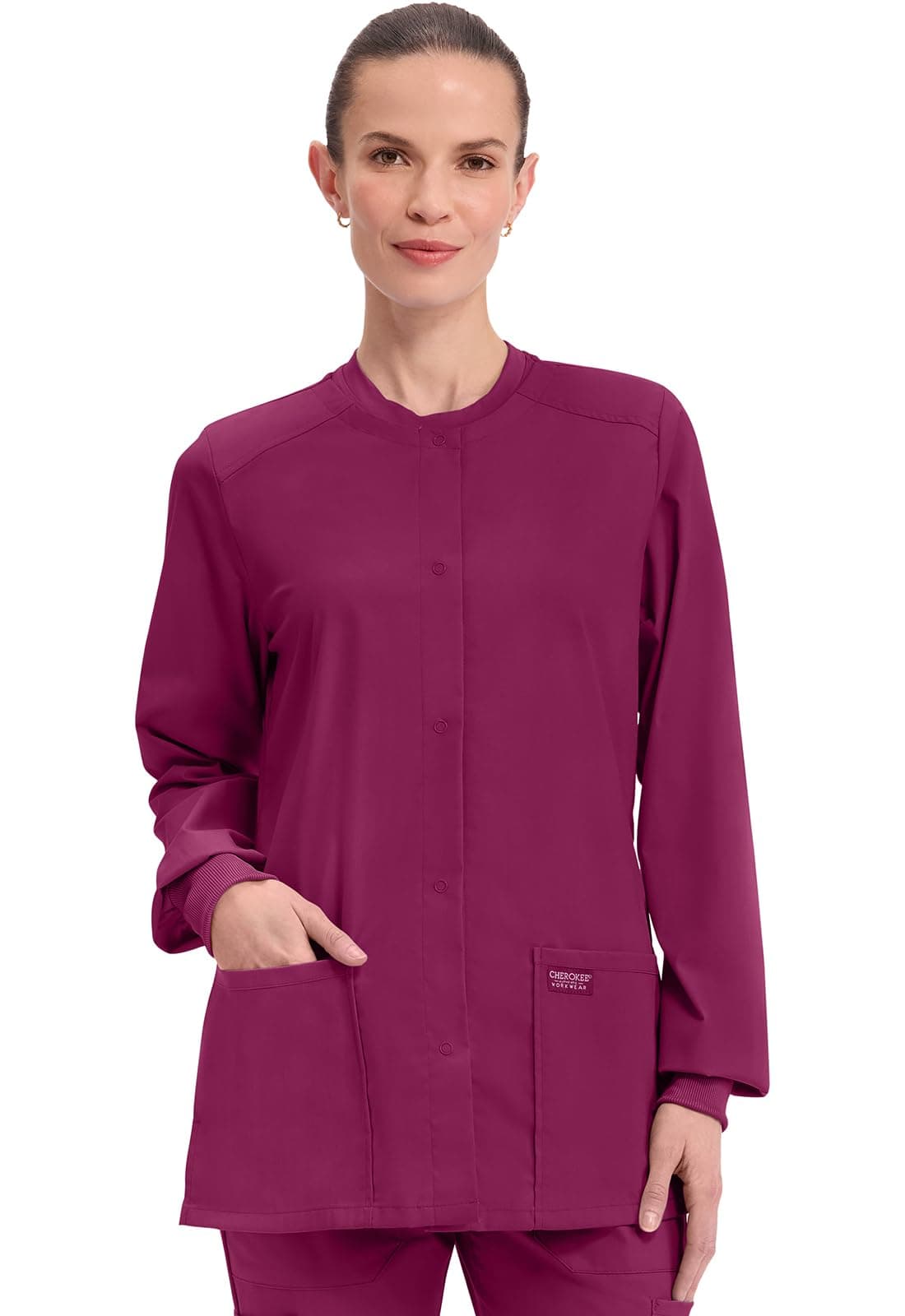 Cherokee Scrub for Women Snap Front Jacket with 3 Pockets Fade Resistant 2Way Stretch Soft Durable Fabric WW340 S Wine
