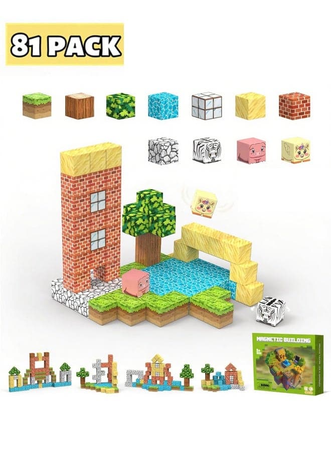 81 PCS Magnetic Blocks - Build Mine Magnet World Mine Garden Set, Magnetic Building Blocks Toddler Toys STEM Sensory Outdoor Toys for 3+ Year Old Boys & Girls, Kids Toys for Ages 4-6 6-8 5-7