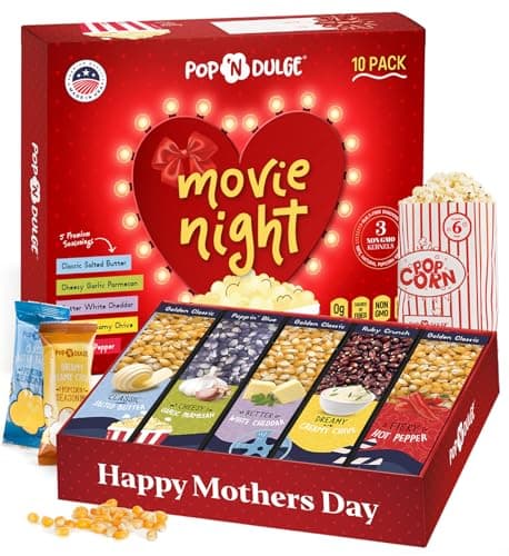 Mothers Day Gifts Movie Night Popcorn Gift Set Mothers Day Gifts For Wife 10 Piece Set 5 Gourmet Popcorn Kernels and 5 Popcorn Seasoning Flavoring Kosher NonGMO Movie Night Gift Baskets Gift Idea For Mom Wife Daughter