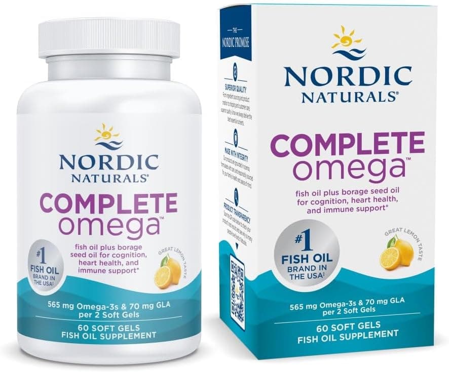 Nordic Naturals Complete Omega Lemon Flavor 60 Soft Gels 565 mg Omega3 EPA DHA with Added GLA Healthy Skin Cognition Positive Mood NonGMO 30 Servings