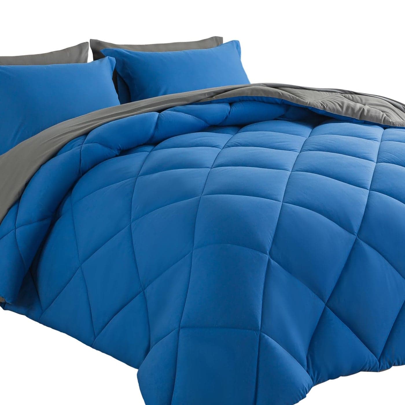 Cosybay Bed in a Bag Full Comforter Sets 7pcs All Season Solid Down Alternative Bedding Sets Blue and Grey with Comforter Pillow Shams Flat Sheet Fitted Sheet and Pillowcases