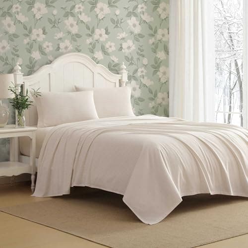Laura Ashley Flannel Sheets Twin Size AntiPilling Wrinkle Resistant Cotton Touchably Soft for AllSeason Comfort Bed Sheets with Matching Pillowcase Fitted Sheet Oxfordshire Stripe Beige