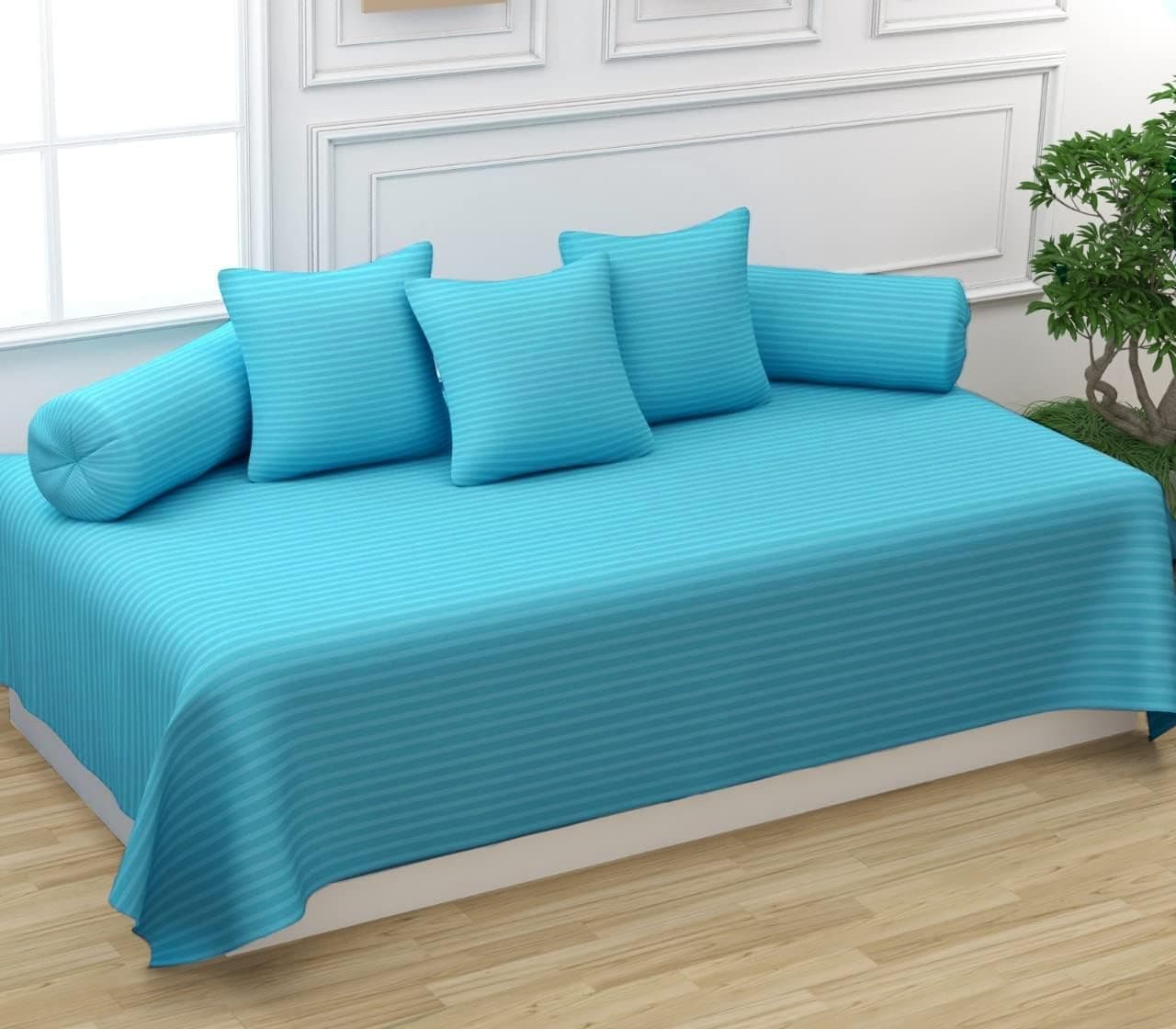 Trance Home Linen 200TC Striped Diwan Set 100% Cotton 6 Piece|Dewaan Bedsheet Set (Set of 6 Pcs, 1-Bed Sheet 54x88 Inch | 2-Bolster Cover 16x32 Inch | 3-Cushion Cover 16x16 Inch) - Aqua Blue