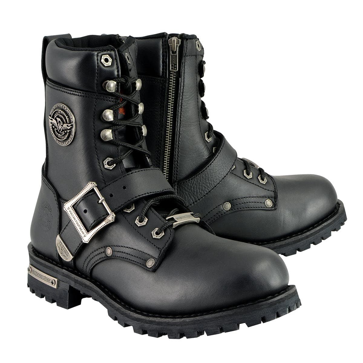 Milwaukee Leather Mens Black Leather LaceUp Engineer Motorcycle Boots wBuckles and Side Zipper MBM101115