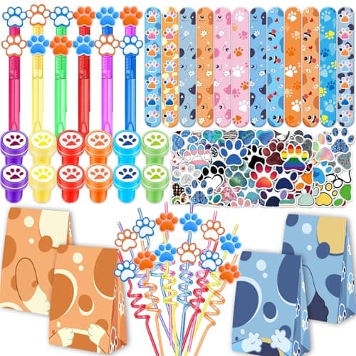 JJWYLTKB Dog Paw Party Favors Set 120pcs Dog Paw Theme Party Supplies with Slap Bracelets Bubble Wands Stickers Straws Gift Bags for Birthday Rewards for Party Education