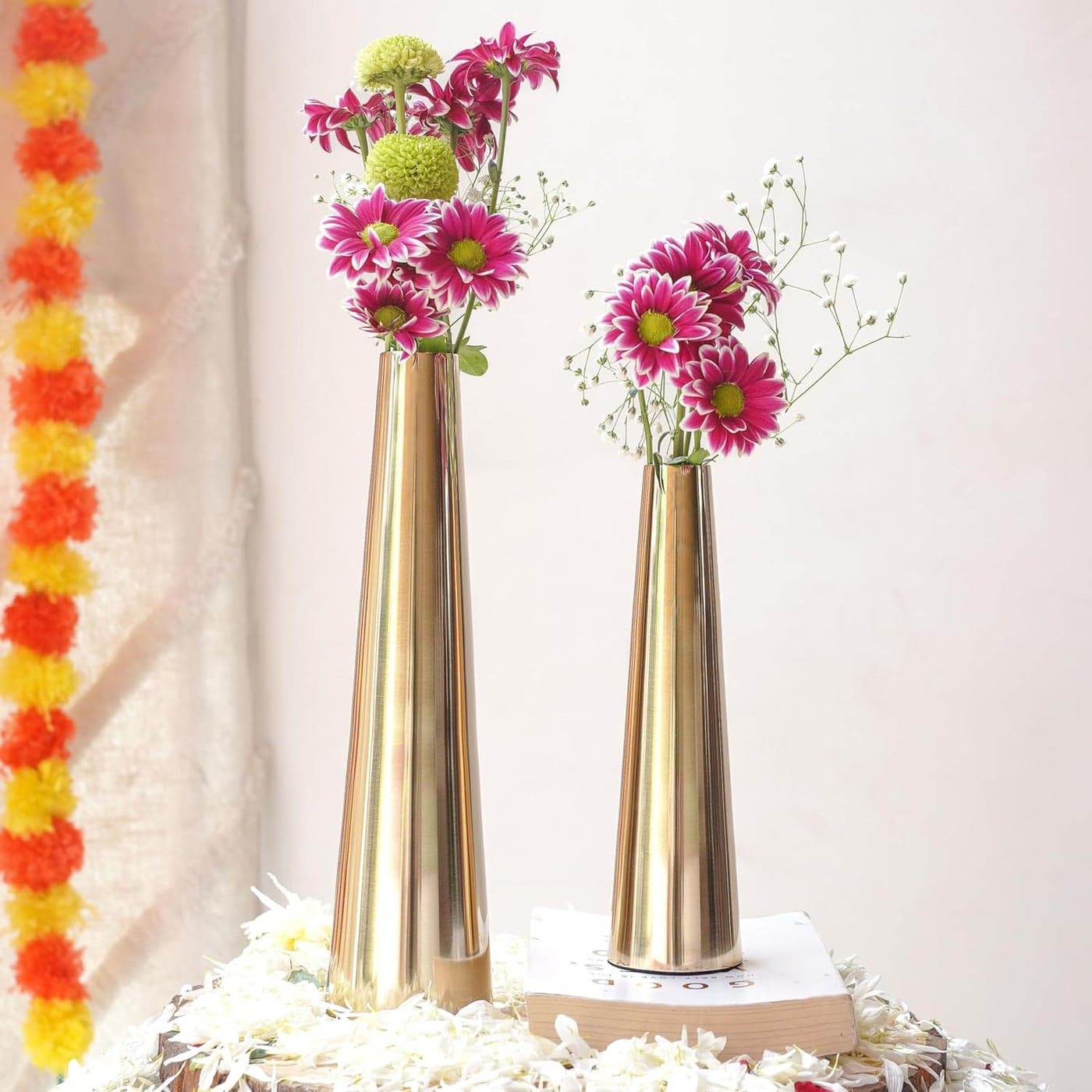 Behoma Golden Metal Slim Cone 8 106 Flower Vase for Home Decor Bedroom Living Room Office Wedding Table Decorative Item for Festivals Birthday Valentines Day Flower Not Included Set of 2