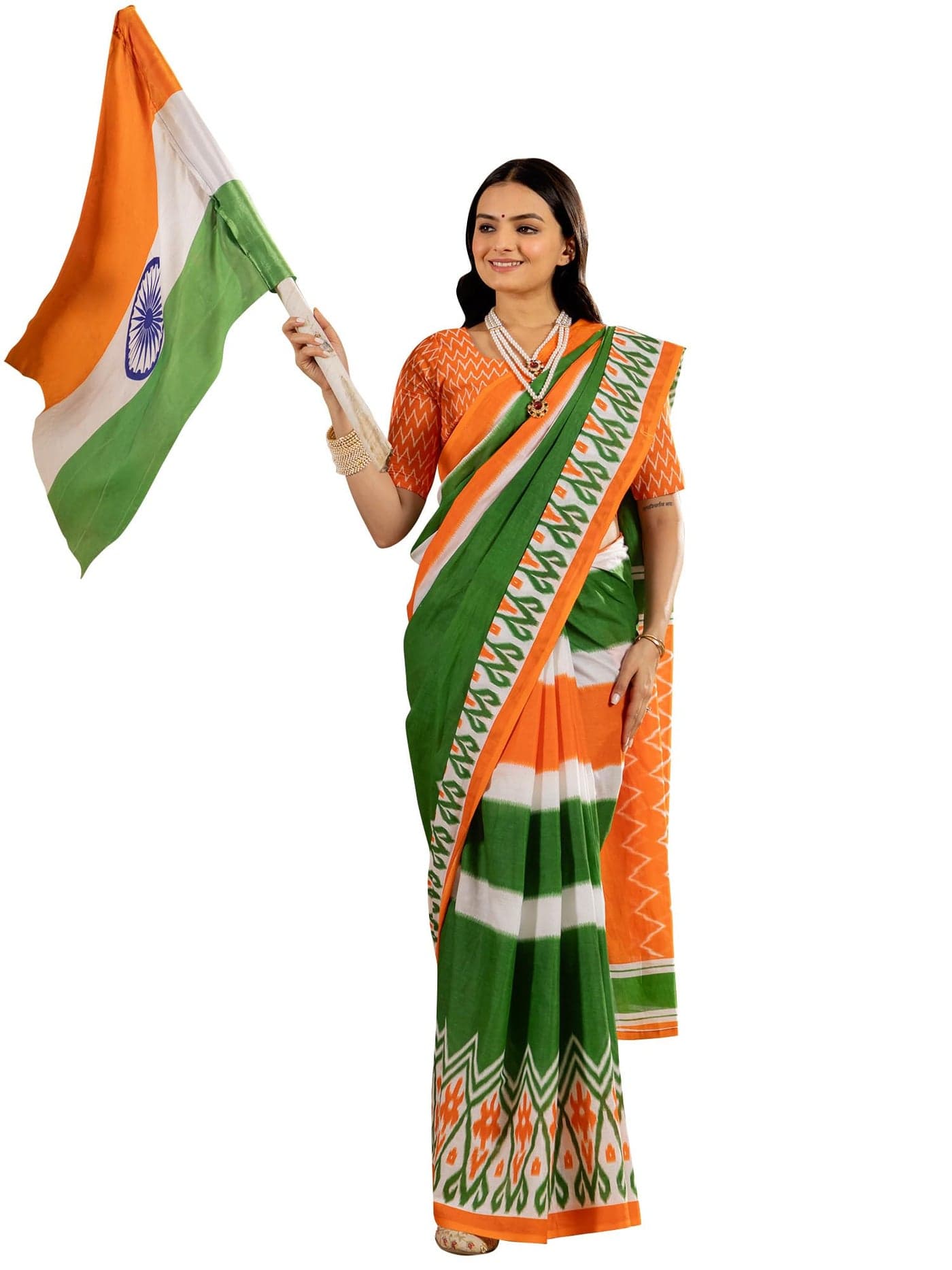 SAREE MALL Women's Green Cotton Ethnic Motif Independence Day Tricolor Tiranga Saree With Unstitched Blouse