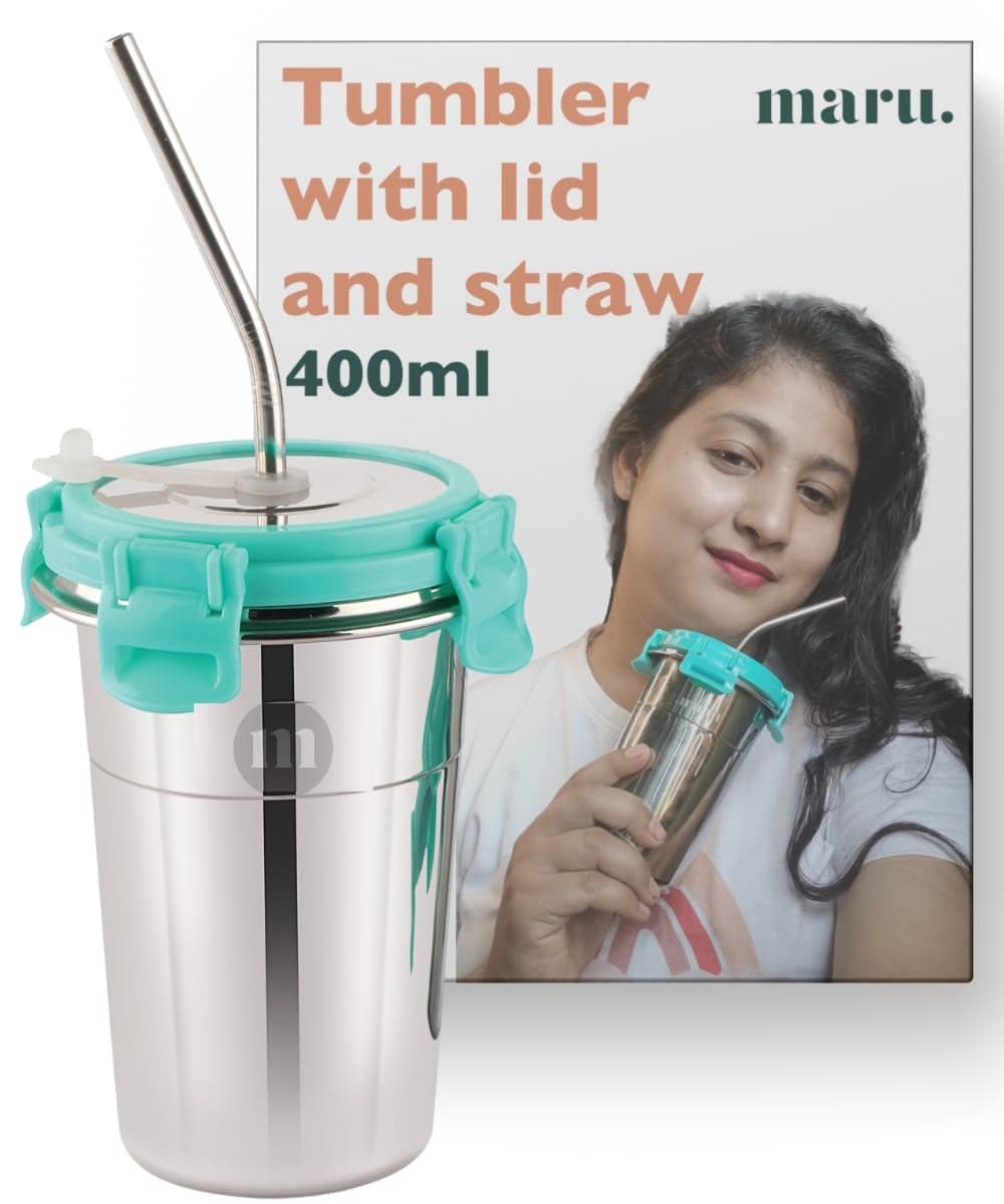MARU Stainless Steel Tumbler 400ml – Durable, Leakproof & Portable Sippy Cups with Lids, Reusable Straws & Cleaning Brush – Steel Glass Tumbler Ideal for Travel, Office & Home, Sea Green
