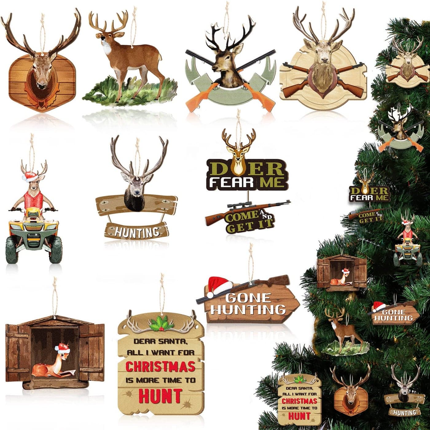 Amyhill 30 Pieces Christmas Deer Tree Ornaments Wooden Buck Hunting Ornament Deer Hunting Decorative Hanging Ornaments with Gun Christmas Ornament Woodland Wild Life Decorations for XmasRetro