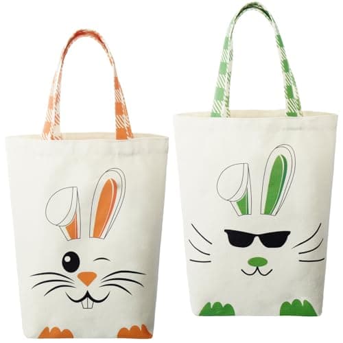 Weewooday 2 Pcs Easter Tote Bags for Kids Easter Canvas Gift Bags Bunny Ears Basket for Boys Girls(Green, Orange)