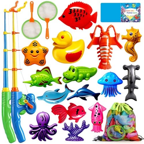 CozyBomB Magnetic Fishing Toys Game Set for Kids Water Table Bathtub Kiddie Pool Party Pole Rod Net Outdoor Plastic Floating Fish Toddler Bath Color Ocean Sea Animals Birthday Gift Age 35 6 48