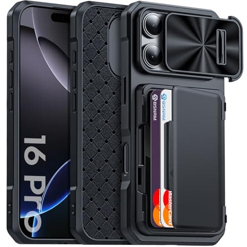 BSNRM for iPhone 16 Pro Case Wallet, Hidden Card Holder (4 Cards), Pop-up Camera Cover, Military Grade Protection, Durable Kickstand Heavy Duty Men Women Shockproof Case for iPhone 16 Pro(Black)