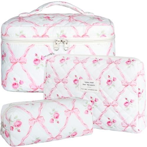 BuyCard Quilted Rose and Bow Makeup Bag Set 3Pcs Cotton Floral Cosmetic Bags Cute Aesthetic Coquette Makeup Bag Travel Cosmetic Organizer with Toiletry Pouch Brush Holder for Women