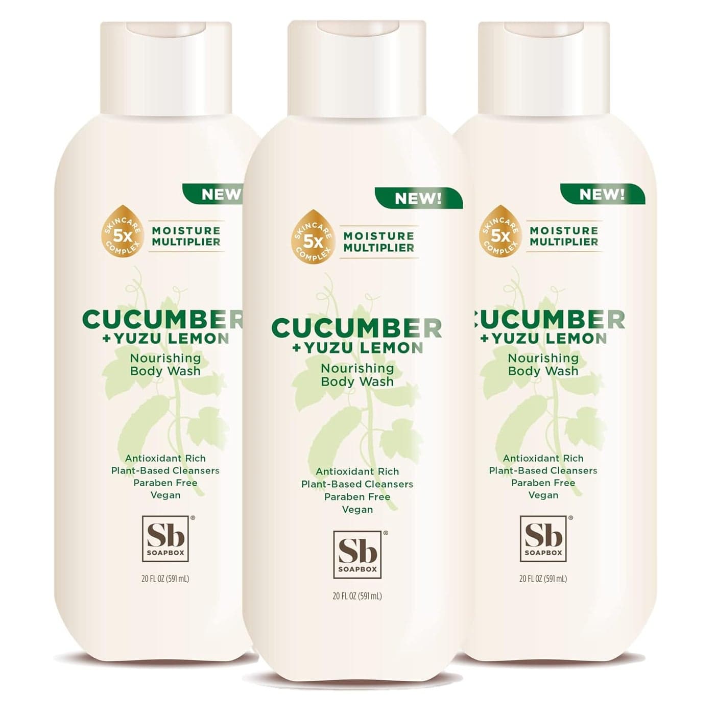 Soapbox Cucumber Yuzu Lemon Body Wash for Women Men Vegan Antioxidant Rich Soothing Moisturizing Soap with Shea Butter Peptides Keratin Promoting B3 3 Pack 20oz Each