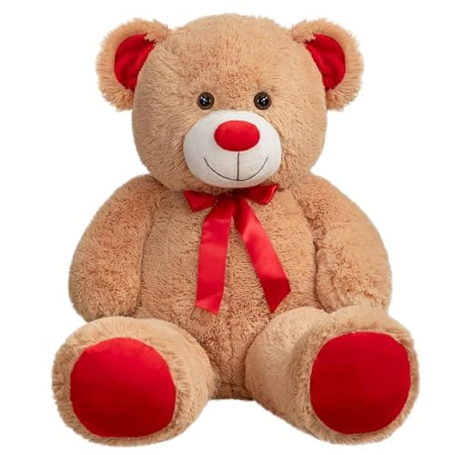 WENMOTDY Big Teddy Bear Stuffed Animal Giant Teddy Bear Plush with Red Ribbon Bow Plush Toy Gift for Girlfriend Birde 36 inch Tan