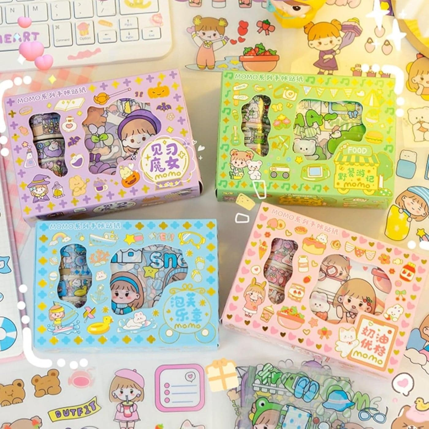 SAMVARDHAN Washi Tape Sticker Set – 4 Rolls Washi Tapes with 10 Stickers Sheets, Designer Decorative Masking Tapes for DIY Crafts Arts, Kawaii Journal Stickers Set Random colour sent