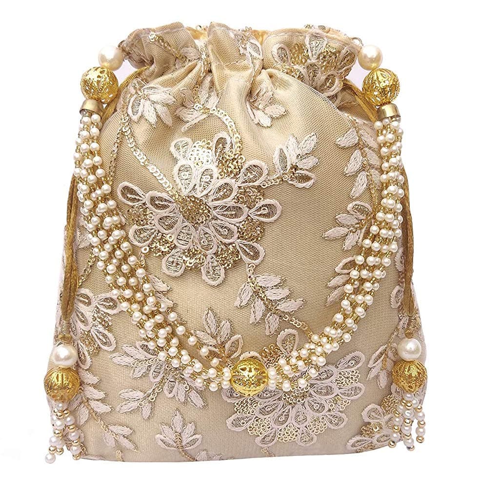 DUCHESS Women's Polti Bag with Pearl Handle and Tassel - Bridal Ethnic Traditional Casual Purse/Clutch/Handbag (20 L X 2 W X 23 H Cm, Gold-White)