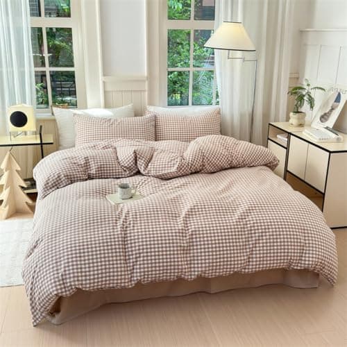 Mucalis Tan Gingham Duvet Cover Queen 100% Washed Cotton Beige Cream Checked Duvet Cover Set Vintage Brown Plaid 3 Piece Grid Bedding Set with Zipper Closure Corner Ties,Durable,Breathable,Easy Care