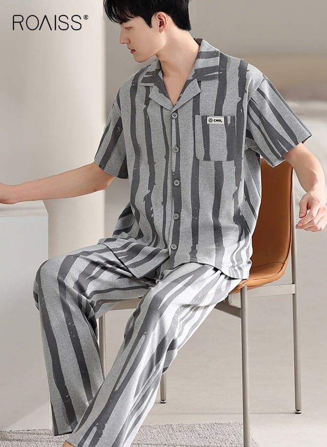 Men's Summer Lapel Neck Breathable Pajama Set Loose Plus Size Striped Short Sleeve Long Pant Loungewear Casual Elastic Waist Pullover Sleepwear